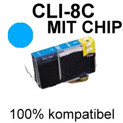 Drucker-Patrone kompatibel Canon (CLI-8C) Cyan mit Chip IP-3300/3500/4200/4200X/4300/4500/4500X/5200/5200R/5300/6600/6700, Pixma IX-4000/4000R/5000, Pixma MP-500/510/520/530/600/610/800/810/830/970